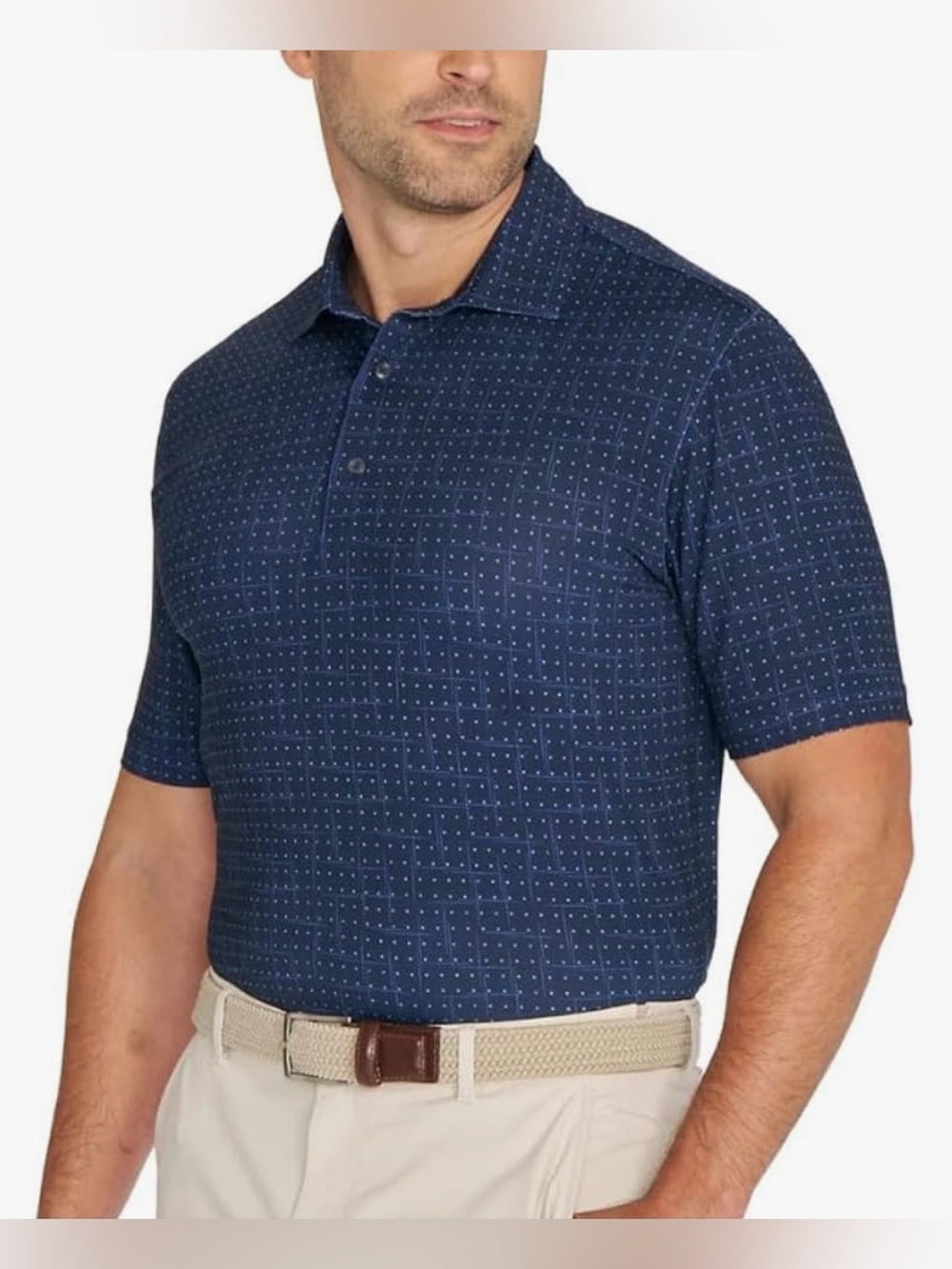 Men's Navy Short-Sleeve Polo with Micro Dot Pattern